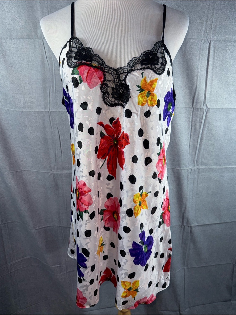 2323-Vintage Lucie Ann Floral Polka Dot Lace-Trim Slip Chemise - White Multi